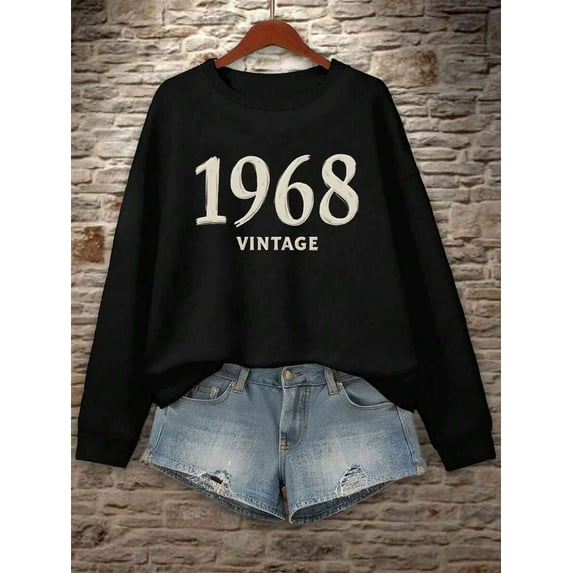 Graphic Print Sweatshirt Featuring A 1968 Vintage Design In Brushstroke Font, Perfect For Casual Wear In Fall And Spring, Designed For Women.