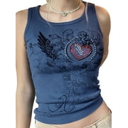 LUIRYAR Graphic Print T Shirts Summer Sleeveless Round Neck Grunge Clothes Gothic Tee 2000s Aesthetic Knitted Tops Streetwear