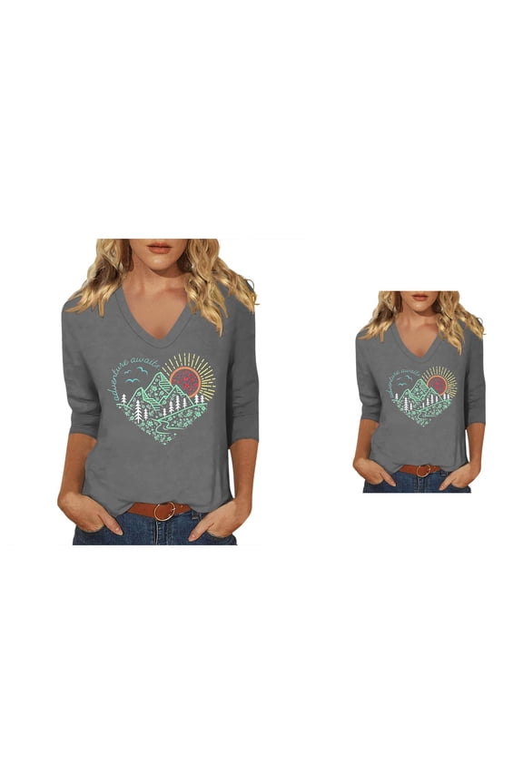 Graphic Print V-Neck Tee, Casual Short Sleeve Blouse, Boho Floral Wildflowers Summer Shirt for Women, Everyday Comfortable Cottagecore Tee