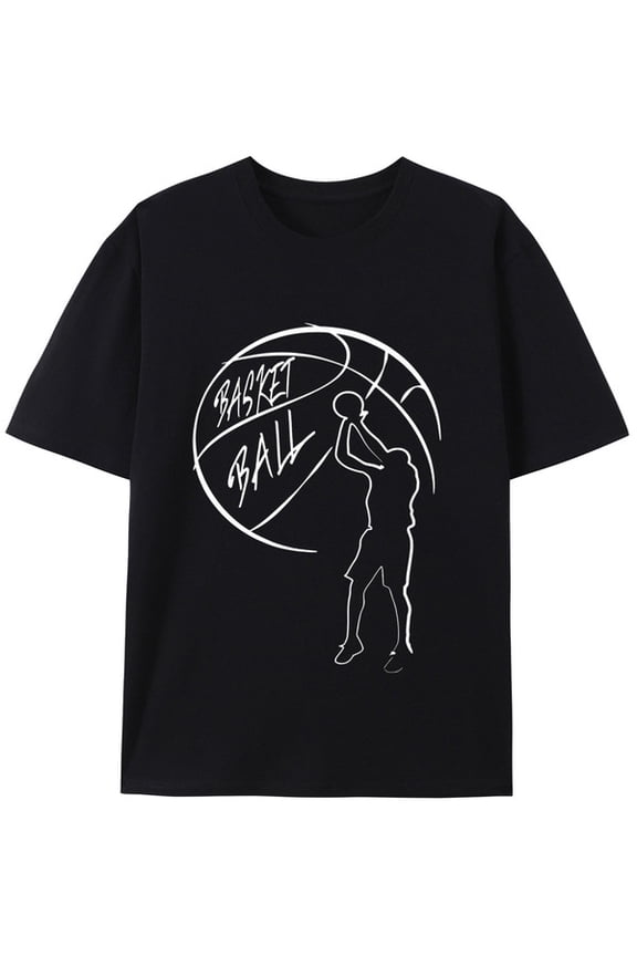Graphic Short Sleeve T-Shirt for Men Classic Fit Crewneck with Basketball Dunk Tee Cotton Fabric on Black Fabric