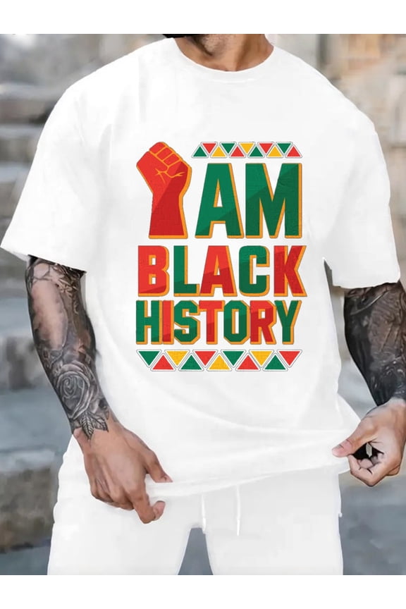 Graphic Short Sleeve T-Shirt for Men Classic Fit Crewneck with Black History Pride Cotton Fabric on White Fabric