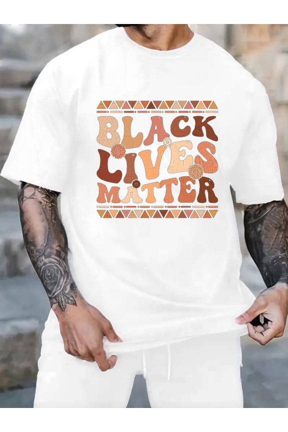 Graphic Short Sleeve T-Shirt for Men Classic Fit Crewneck with Black Lives Matter Tee Cotton Fabric on White Fabric