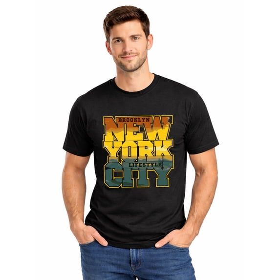 Graphic Short Sleeve T-Shirt for Men Classic Fit Crewneck with Brooklyn NYC Lifestyle Soft Cotton Fabric on Black Fabric