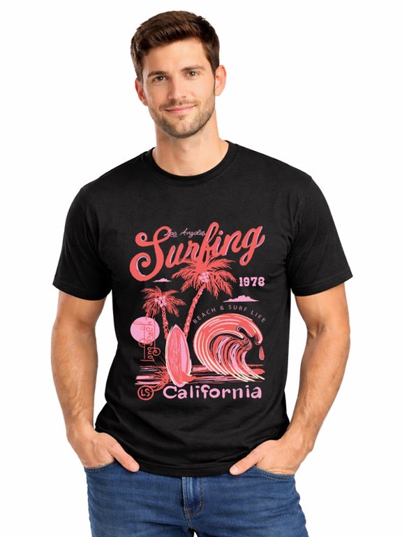 Graphic Short Sleeve T-Shirt for Men Classic Fit Crewneck with California Surfing 1978 Soft Cotton Fabric on Black Fabric