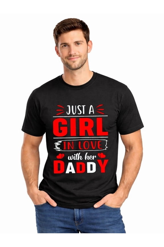 Graphic Short Sleeve T-Shirt for Men Classic Fit Crewneck with Girl in Love Daddy Soft Cotton Fabric on Black Fabric Valentine's Day Theme