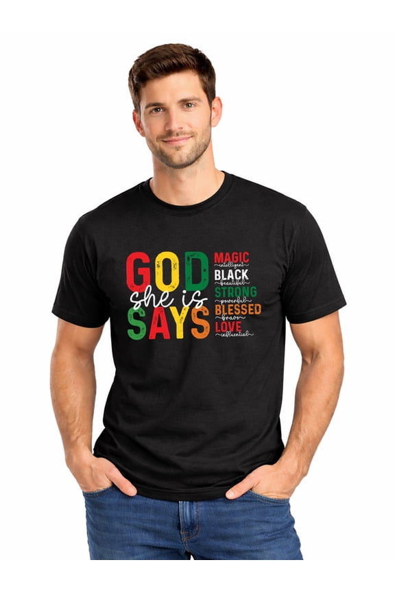 Graphic Short Sleeve T-Shirt for Men Classic Fit Crewneck with God's Magic Words Soft Cotton Fabric on Black Fabric