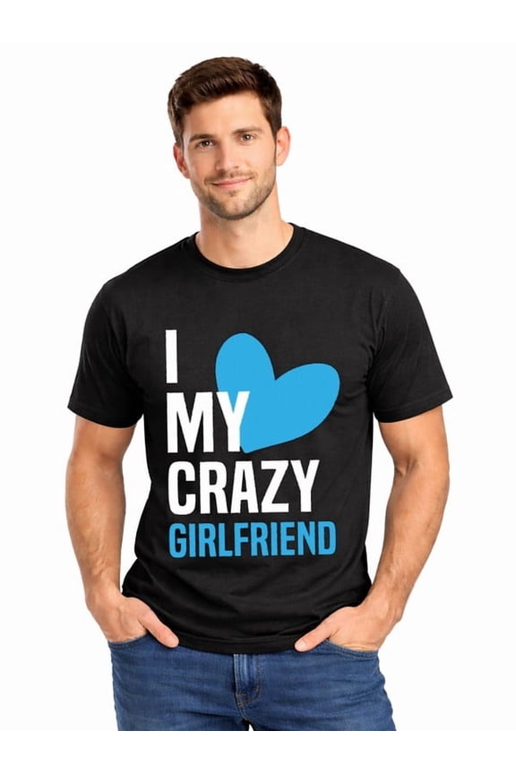 Graphic Short Sleeve T-Shirt for Men Classic Fit Crewneck with I Love My Crazy Cotton Fabric on Black Fabric Valentine Theme