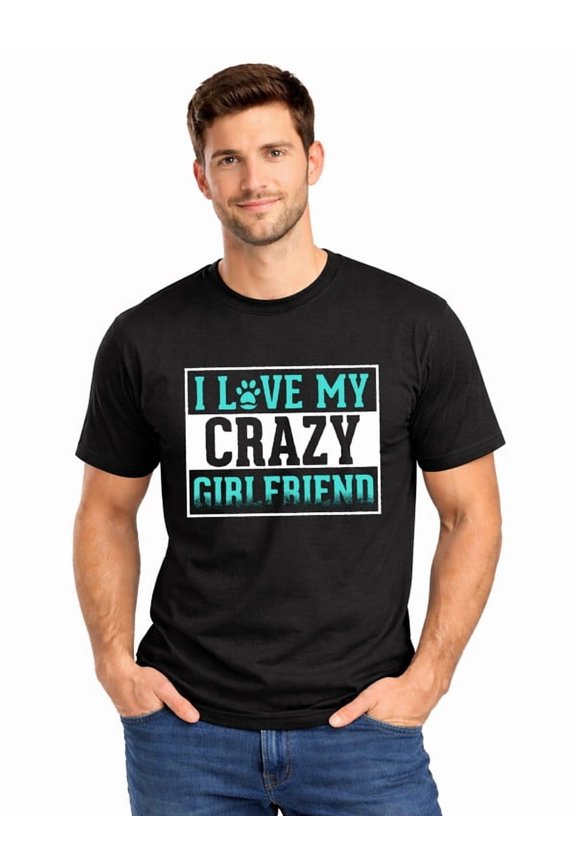 Graphic Short Sleeve T-Shirt for Men Classic Fit Crewneck with I Love My Crazy Soft Cotton Fabric on Black Fabric Valentine Theme