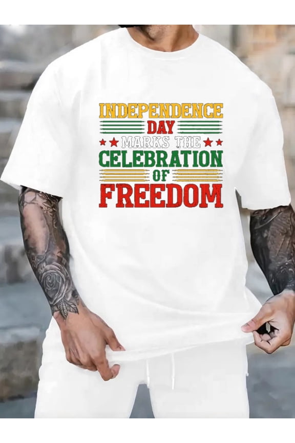 Graphic Short Sleeve T-Shirt for Men Classic Fit Crewneck with Independence Day Freedom Soft Cotton Fabric on White Fabric