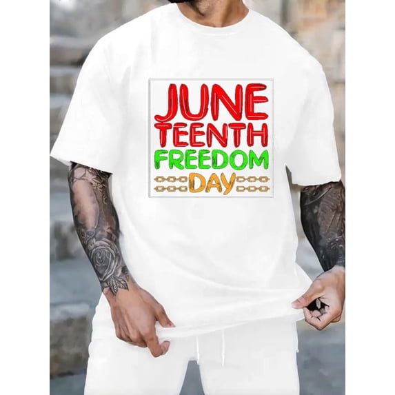Graphic Short Sleeve T-Shirt for Men Classic Fit Crewneck with June Teenth Freedom Soft Cotton Fabric on White Fabric