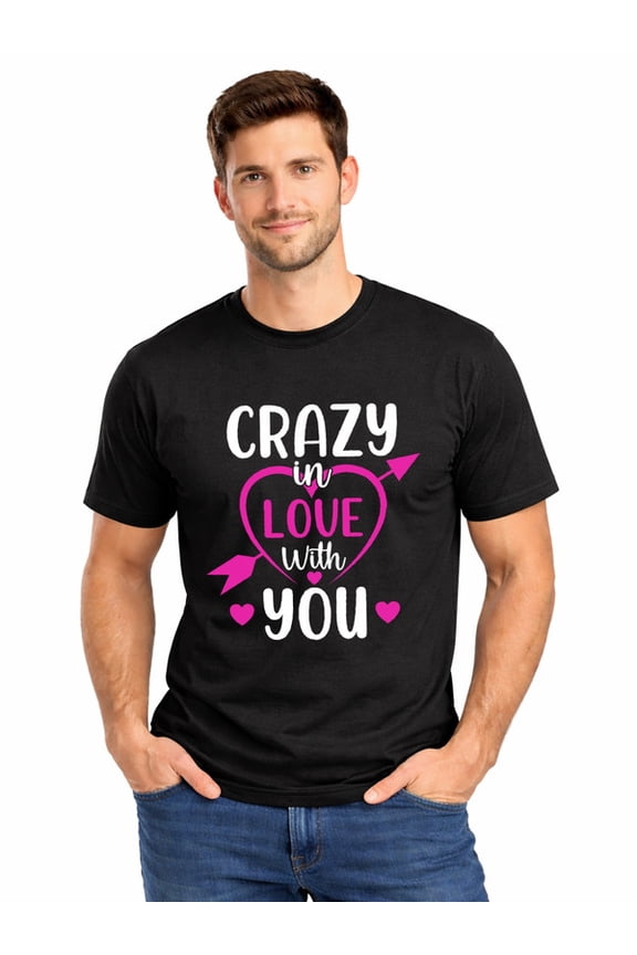 Graphic Short Sleeve T-Shirt for Men Classic Fit Crewneck with Love You Crazy Soft Cotton Fabric on Black Fabric Valentine's Day Theme