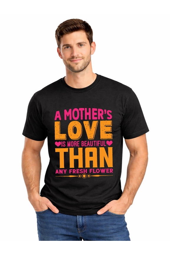 Graphic Short Sleeve T-Shirt for Men Classic Fit Crewneck with Mom's Love Flower Cotton Fabric on Black Fabric Valentine Theme