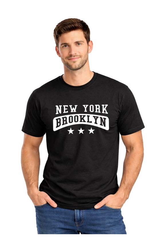 Graphic Short Sleeve T-Shirt for Men Classic Fit Crewneck with NY Brooklyn Stars Tee Cotton Fabric on Black Fabric