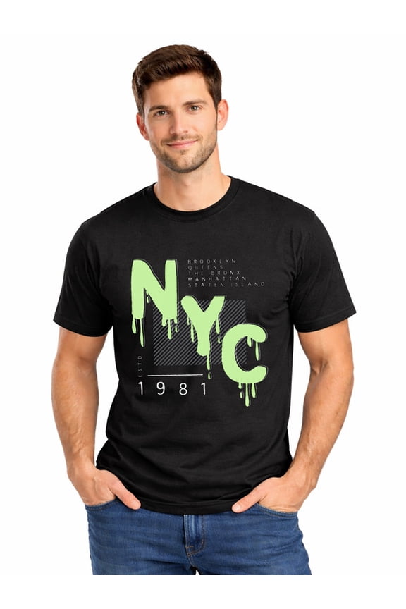 Graphic Short Sleeve T-Shirt for Men Classic Fit Crewneck with NYC Graffiti T-Shirt Soft Cotton Fabric on Black Fabric