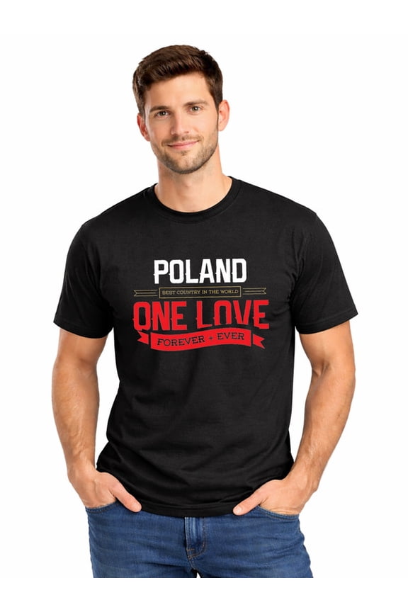 Graphic Short Sleeve T-Shirt for Men Classic Fit Crewneck with Poland Love Forever Cotton Fabric on Black Fabric Valentine's Day Theme