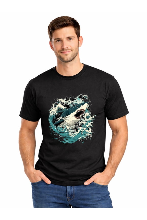 Graphic Short Sleeve T-Shirt for Men Classic Fit Crewneck with Shark Attack Tee Soft Cotton Fabric on Black Fabric