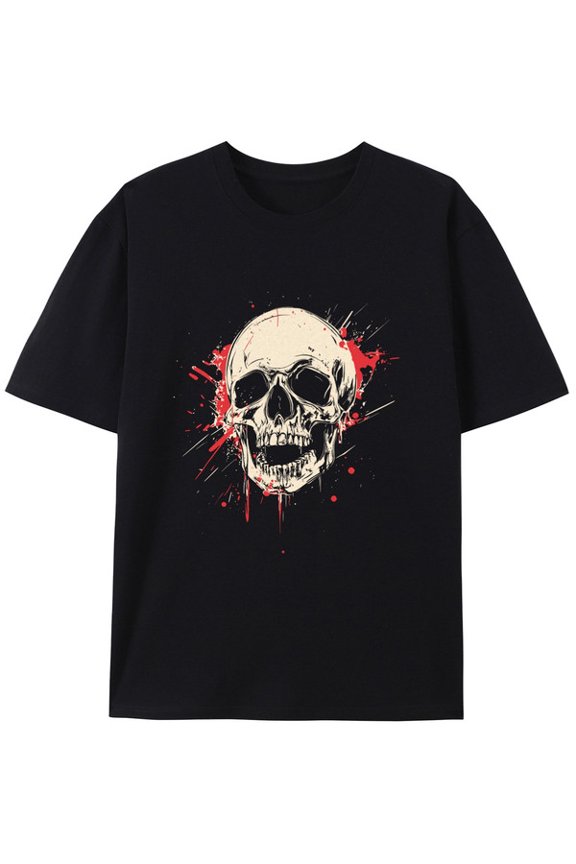 Graphic Short Sleeve T-Shirt for Men Classic Fit Crewneck with Skull Blood T-Shirt Soft Cotton Fabric on Black Fabric