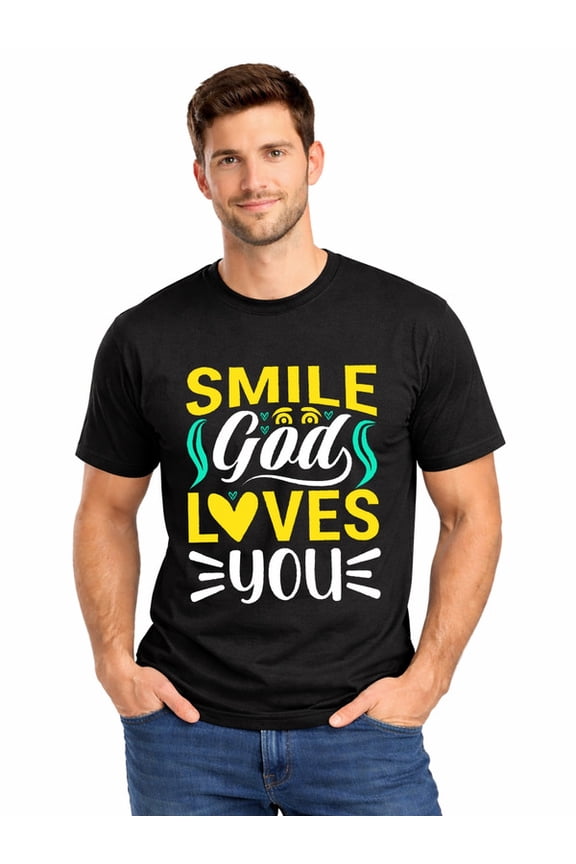 Graphic Short Sleeve T-Shirt for Men Classic Fit Crewneck with Smile God Loves You Soft Cotton Fabric on Black Fabric