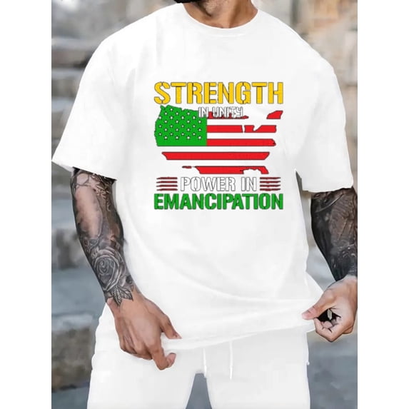 Graphic Short Sleeve T-Shirt for Men Classic Fit Crewneck with Strength Unity Power Cotton Fabric on White Fabric