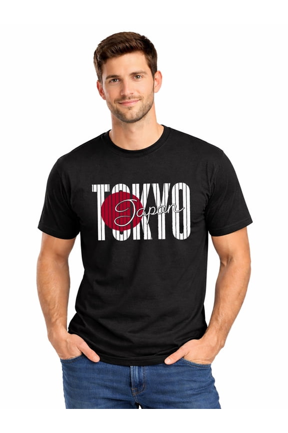Graphic Short Sleeve T-Shirt for Men Classic Fit Crewneck with Tokyo Japan Flag Tee Cotton Fabric on Black Fabric