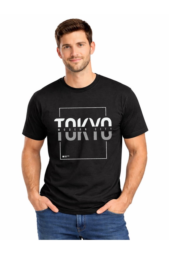 Graphic Short Sleeve T-Shirt for Men Classic Fit Crewneck with Tokyo Modern City Soft Cotton Fabric on Black Fabric