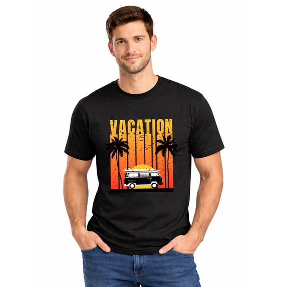 Greenink Graphic Short Sleeve T-Shirt for Men Classic Fit Crewneck with Vacation Vibes Cotton Fabric on Black Fabric
