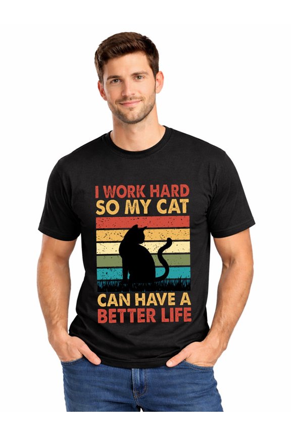 Graphic Short Sleeve T-Shirt for Men Classic Fit Crewneck with Work Hard Cat Life Soft Cotton Fabric on Black Fabric Valentine's Day Theme