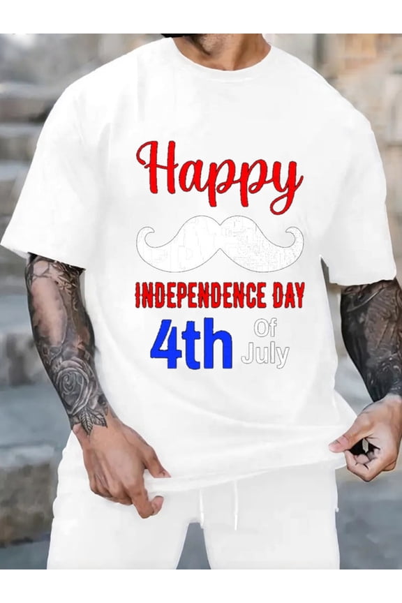 Graphic Short Sleeve T-Shirt for Men Loose Fit Crewneck with 4th July Mustache Tee Soft Cotton Fabric on White Fabric