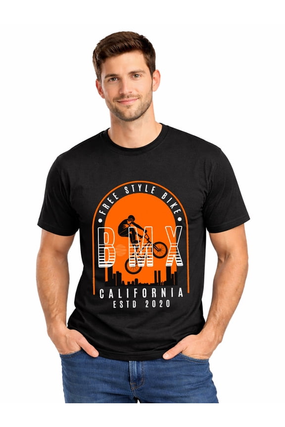 Graphic Short Sleeve T-Shirt for Men Loose Fit Crewneck with BMX California Style Soft Cotton Fabric on Black Fabric