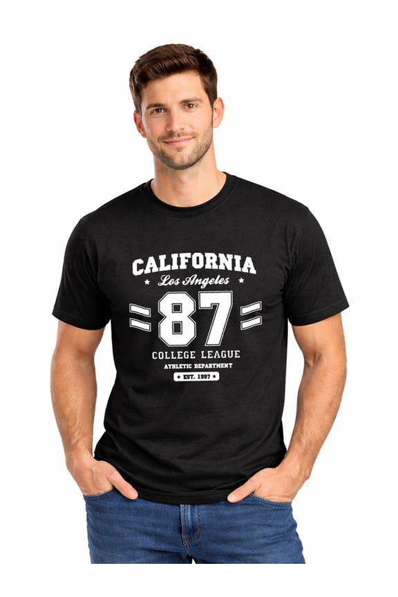 Graphic Short Sleeve T-Shirt for Men Loose Fit Crewneck with Cal 87 College League Soft Cotton Fabric on Black Fabric