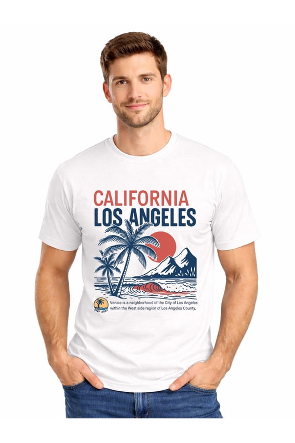 Graphic Short Sleeve T-Shirt for Men Loose Fit Crewneck with California Los Angeles Soft Cotton Fabric on White Fabric