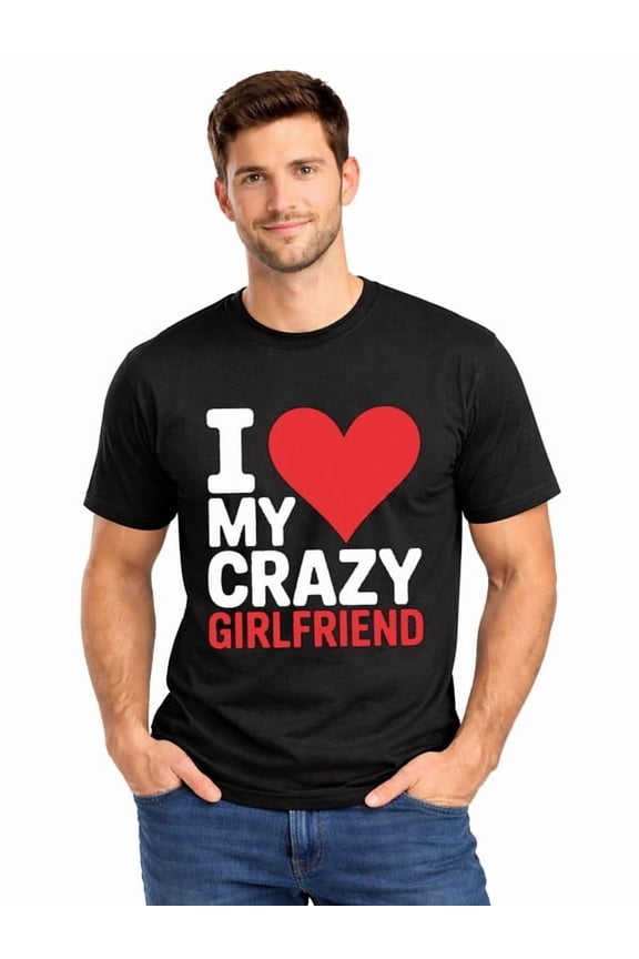Graphic Short Sleeve T-Shirt for Men Loose Fit Crewneck with I Love My Crazy Cotton Fabric on Black Fabric Valentine Theme