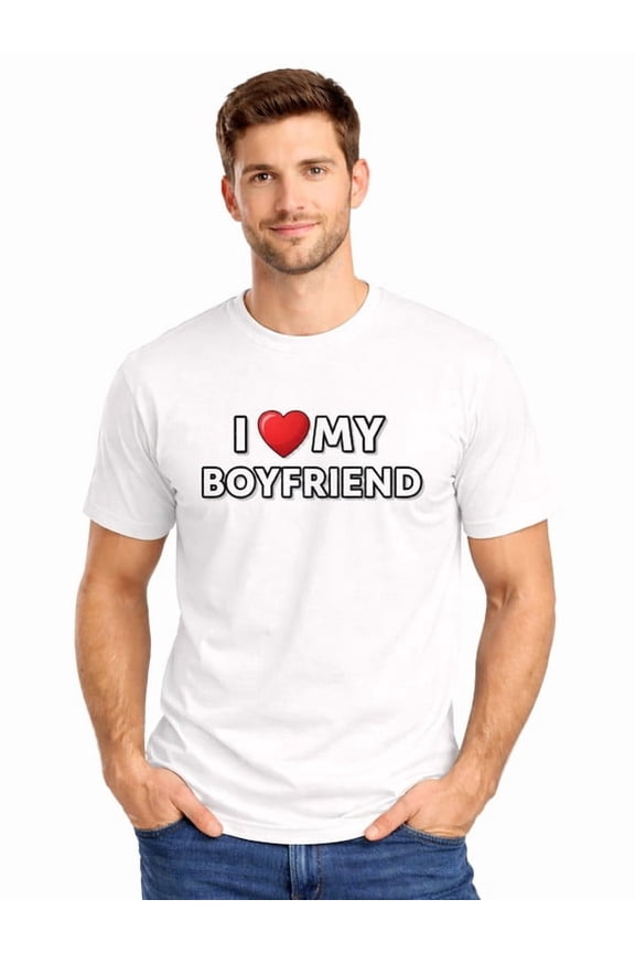 Graphic Short Sleeve T-Shirt for Men Loose Fit Crewneck with I My Boyfriend Cotton Fabric on White Fabric Valentine Theme