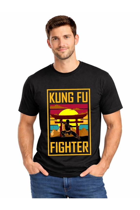 Graphic Short Sleeve T-Shirt for Men Loose Fit Crewneck with Kung Fu Fighter Tee Soft Cotton Fabric on Black Fabric Valentine's Day Theme