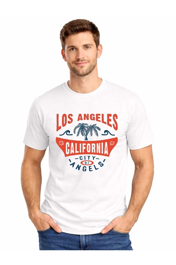Graphic Short Sleeve T-Shirt for Men Loose Fit Crewneck with LA City of Angels Tee Cotton Fabric on White Fabric