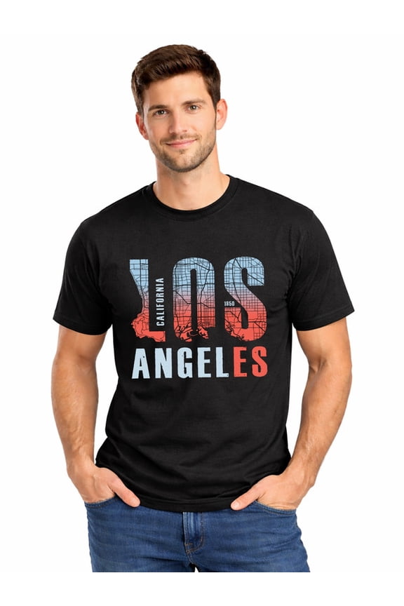 Graphic Short Sleeve T-Shirt for Men Loose Fit Crewneck with Los Angeles Map Tee Soft Cotton Fabric on Black Fabric