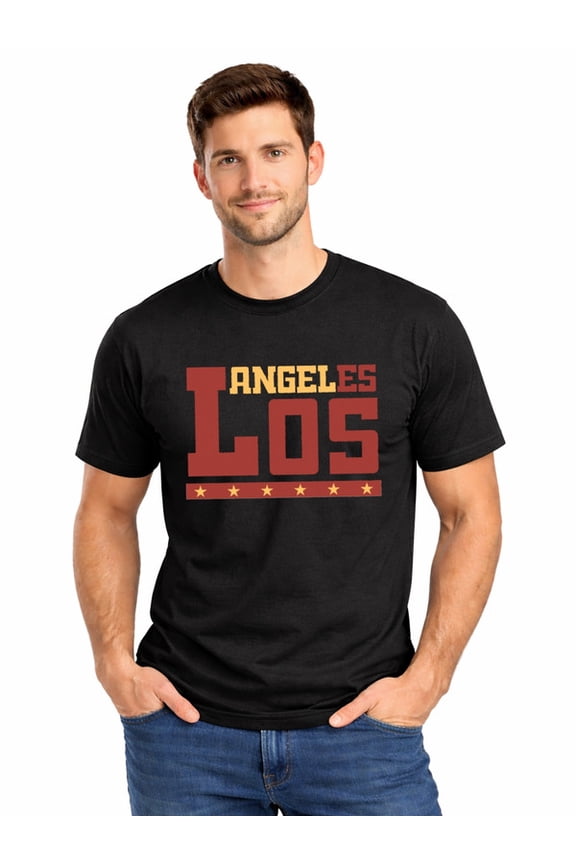 Graphic Short Sleeve T-Shirt for Men Loose Fit Crewneck with Los Angeles Stars Cotton Fabric on Black Fabric