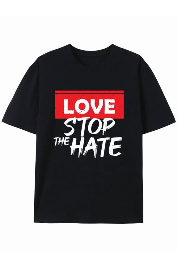 Graphic Short Sleeve T-Shirt for Men Loose Fit Crewneck with Love Stops Hate Cotton Fabric on White Fabric Valentine Theme