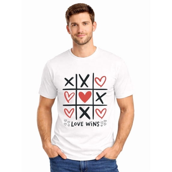 Graphic Short Sleeve T-Shirt for Men Loose Fit Crewneck with Love Wins Tic-Tac Soft Cotton Fabric on White Fabric Valentine Theme