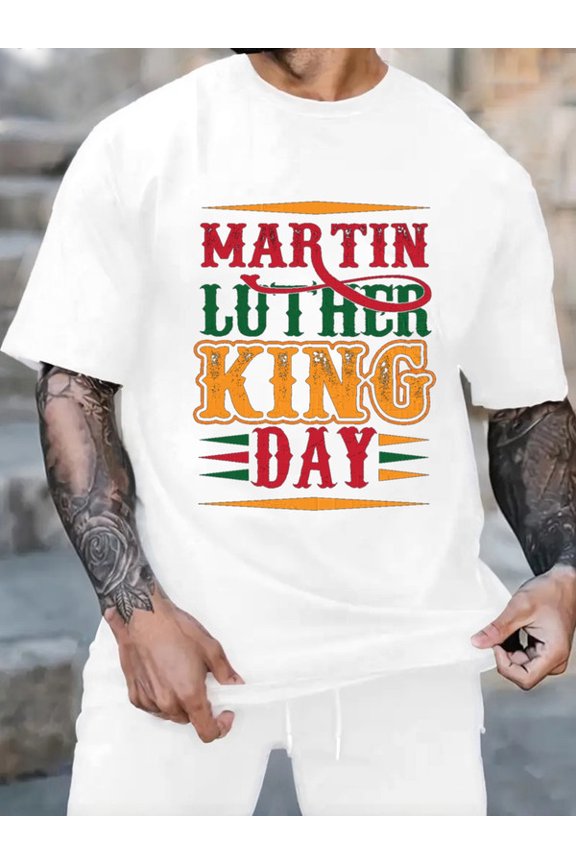 Graphic Short Sleeve T-Shirt for Men Loose Fit Crewneck with MLK Day Celebration Soft Cotton Fabric on White Fabric