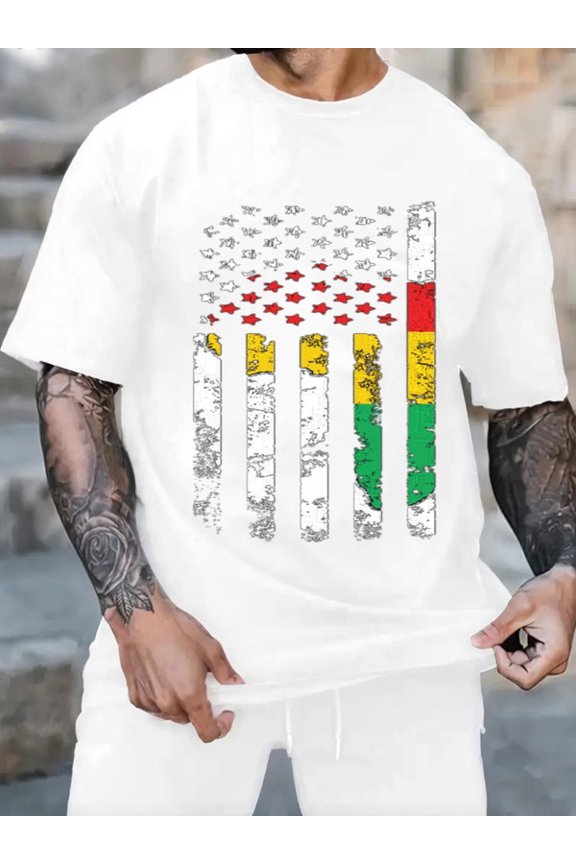 Graphic Short Sleeve T-Shirt for Men Loose Fit Crewneck with Rasta Flag Tee Soft Cotton Fabric on White Fabric