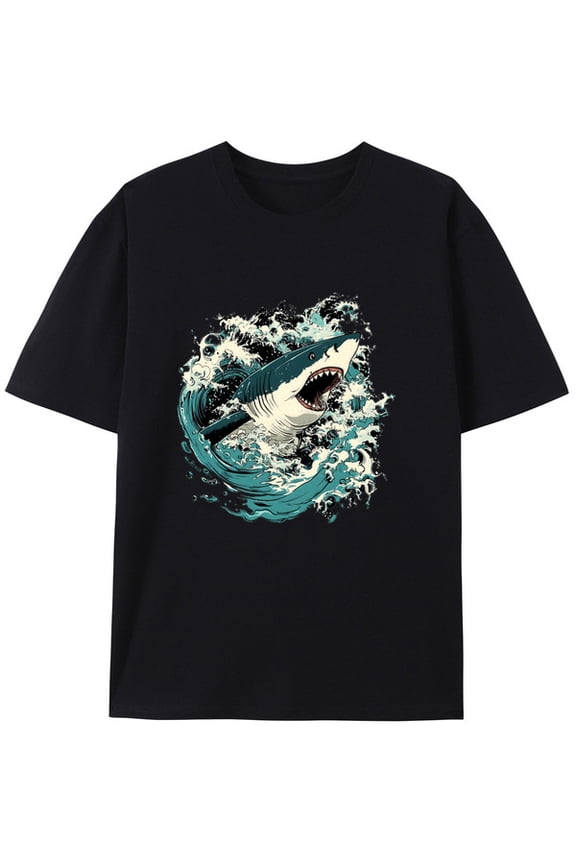 Graphic Short Sleeve T-Shirt for Men Loose Fit Crewneck with Shark Attack Tee Soft Cotton Fabric on White Fabric interesting