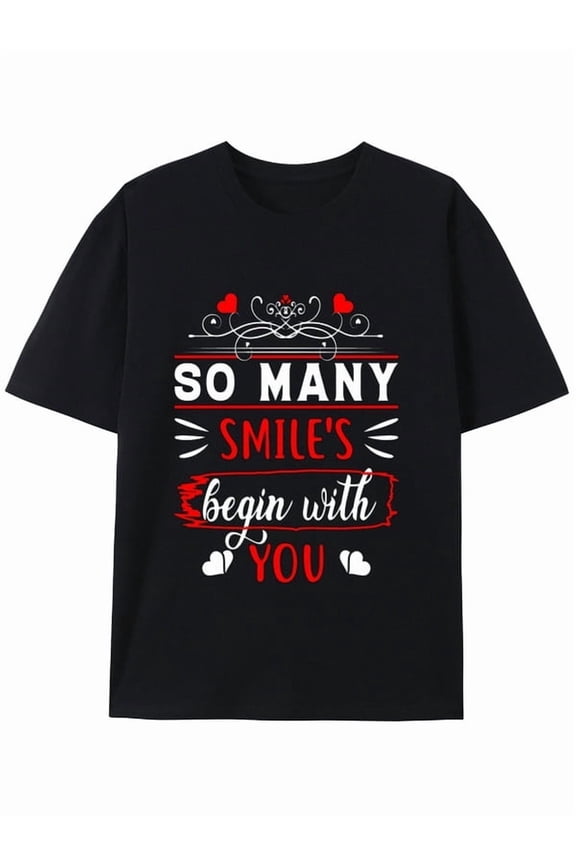 Graphic Short Sleeve T-Shirt for Men Loose Fit Crewneck with Smiles Begin With You Soft Cotton Fabric on White Fabric Valentine's Day Theme