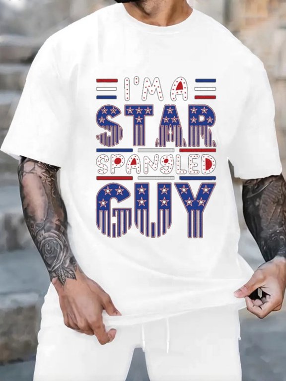 Graphic Short Sleeve T-Shirt for Men Loose Fit Crewneck with Star Spangled Guy Cotton Fabric on White Fabric