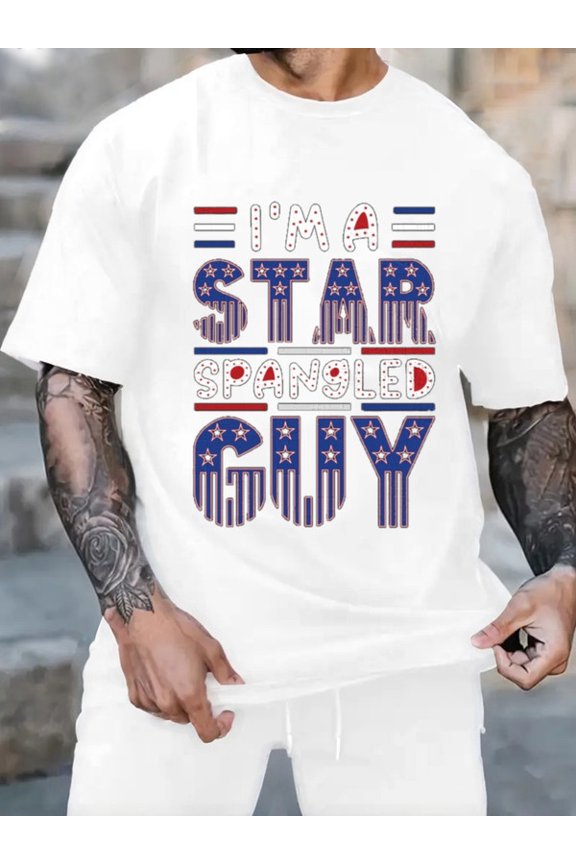 Graphic Short Sleeve T-Shirt for Men Loose Fit Crewneck with Star Spangled Guy Cotton Fabric on White Fabric