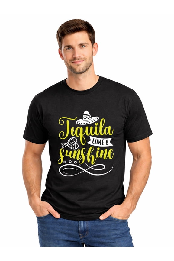 Graphic Short Sleeve T-Shirt for Men Loose Fit Crewneck with Tequila Lime Sunshine Cotton Fabric on Black Fabric Valentine's Day Theme
