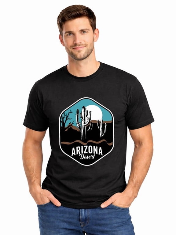 Graphic Short Sleeve T-Shirt for Men Regular Fit Crewneck with Arizona Desert T-Shirt Soft Cotton Fabric on Black Fabric
