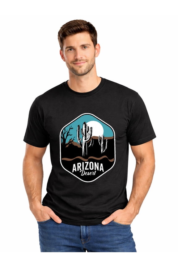 Graphic Short Sleeve T-Shirt for Men Regular Fit Crewneck with Arizona Desert T-Shirt Soft Cotton Fabric on Black Fabric