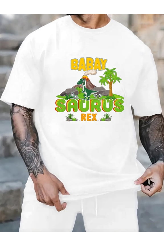 Graphic Short Sleeve T-Shirt for Men Regular Fit Crewneck with Baby Saurus Rex Cotton Fabric on White Fabric