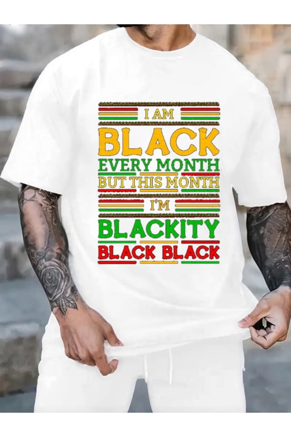 Graphic Short Sleeve T-Shirt for Men Regular Fit Crewneck with Black Pride Month Cotton Fabric on White Fabric